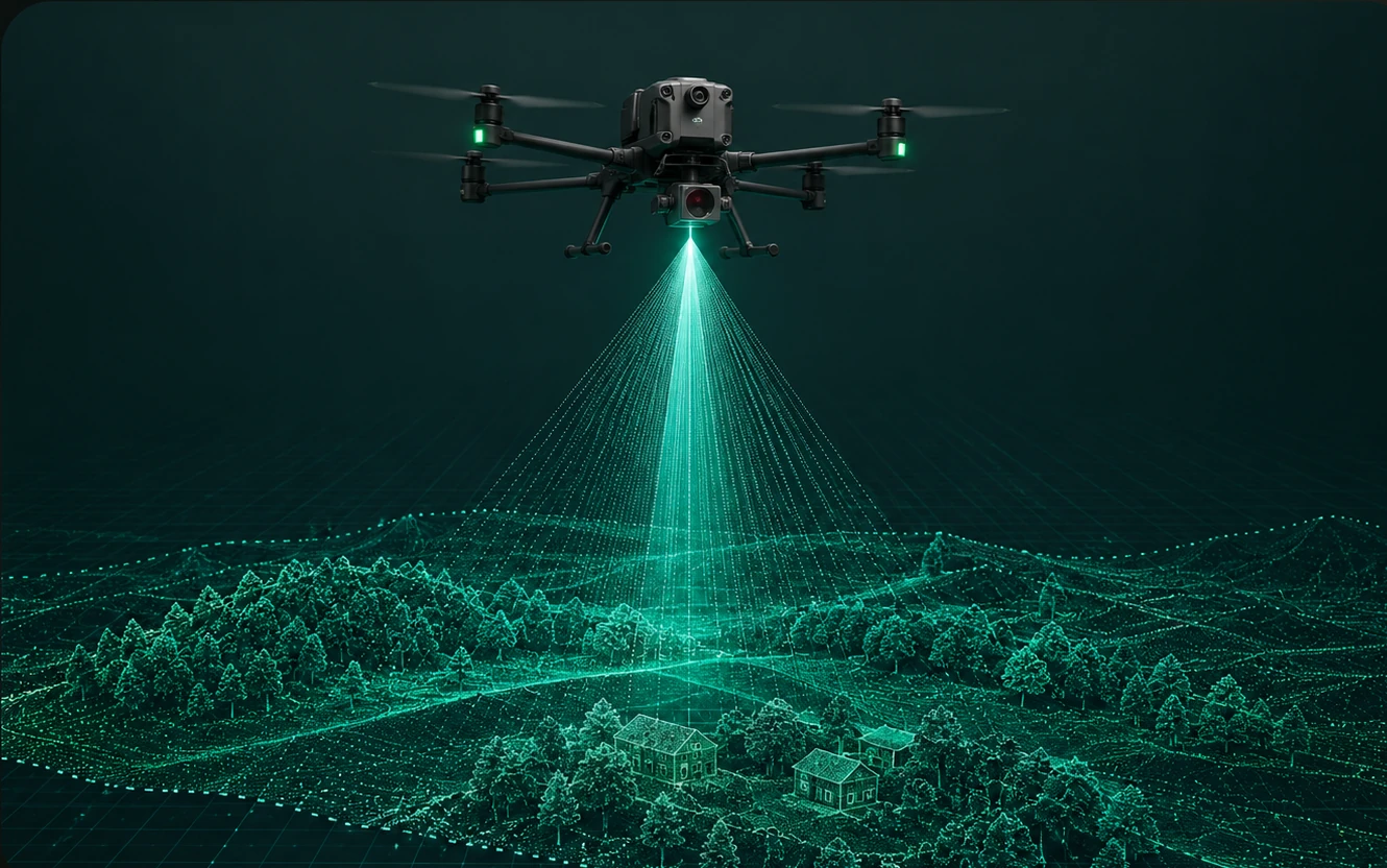 Illustration of a surveying drone scanning a landscape with LiDAR